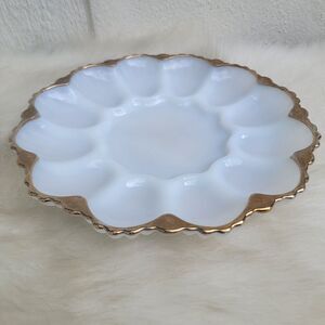 Milk glass vintage devil egg platter wht/gold 12egg serving dish scallop trim